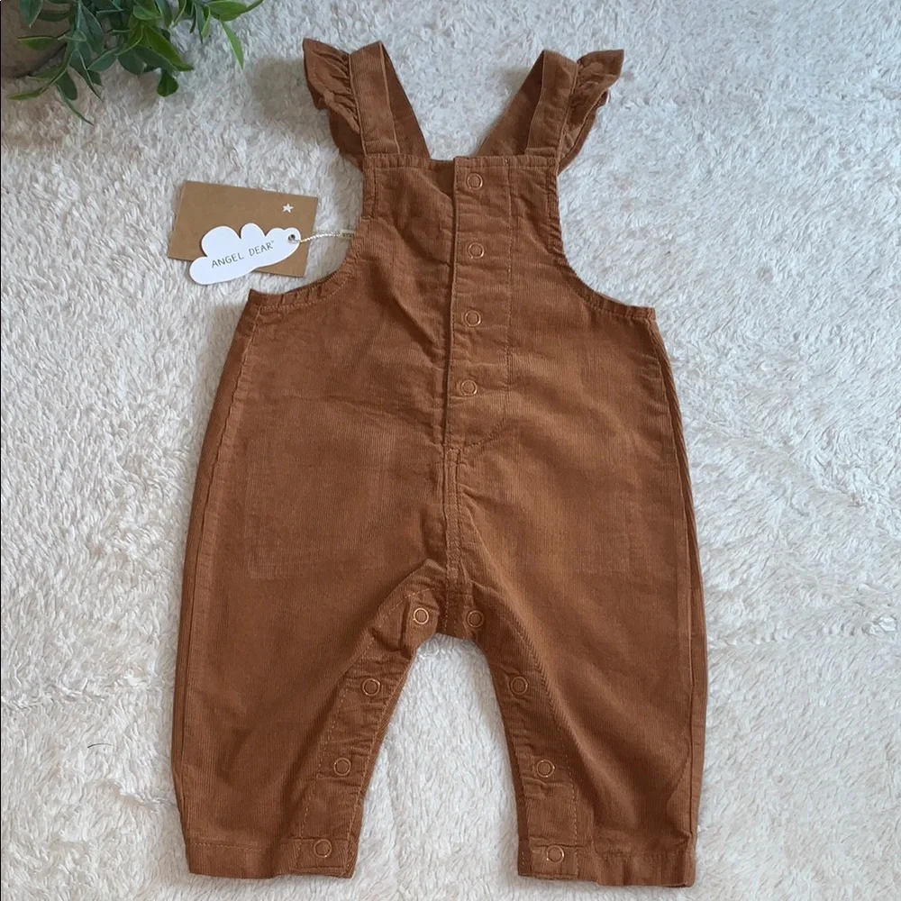 NWT Angel Dear Brown Corduroy Ruffle Bib Overalls 3-6M